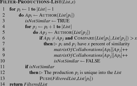 \begin{codebox}
\Procname{\proc{\textbf{Filter-Productions-List}}($List$,$x$)}
...
...redList$,$List[p_i]$)
\End
\End
\li \Return $FilteredList$
\end{codebox}